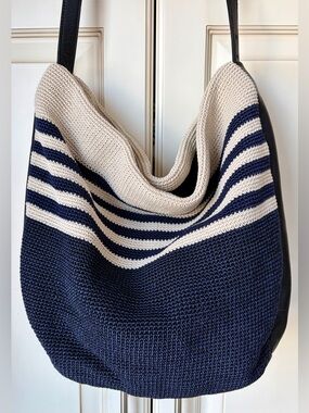 EUC The Sak Collective Navy and Cream Striped Knit Hobo Shoulder Bag